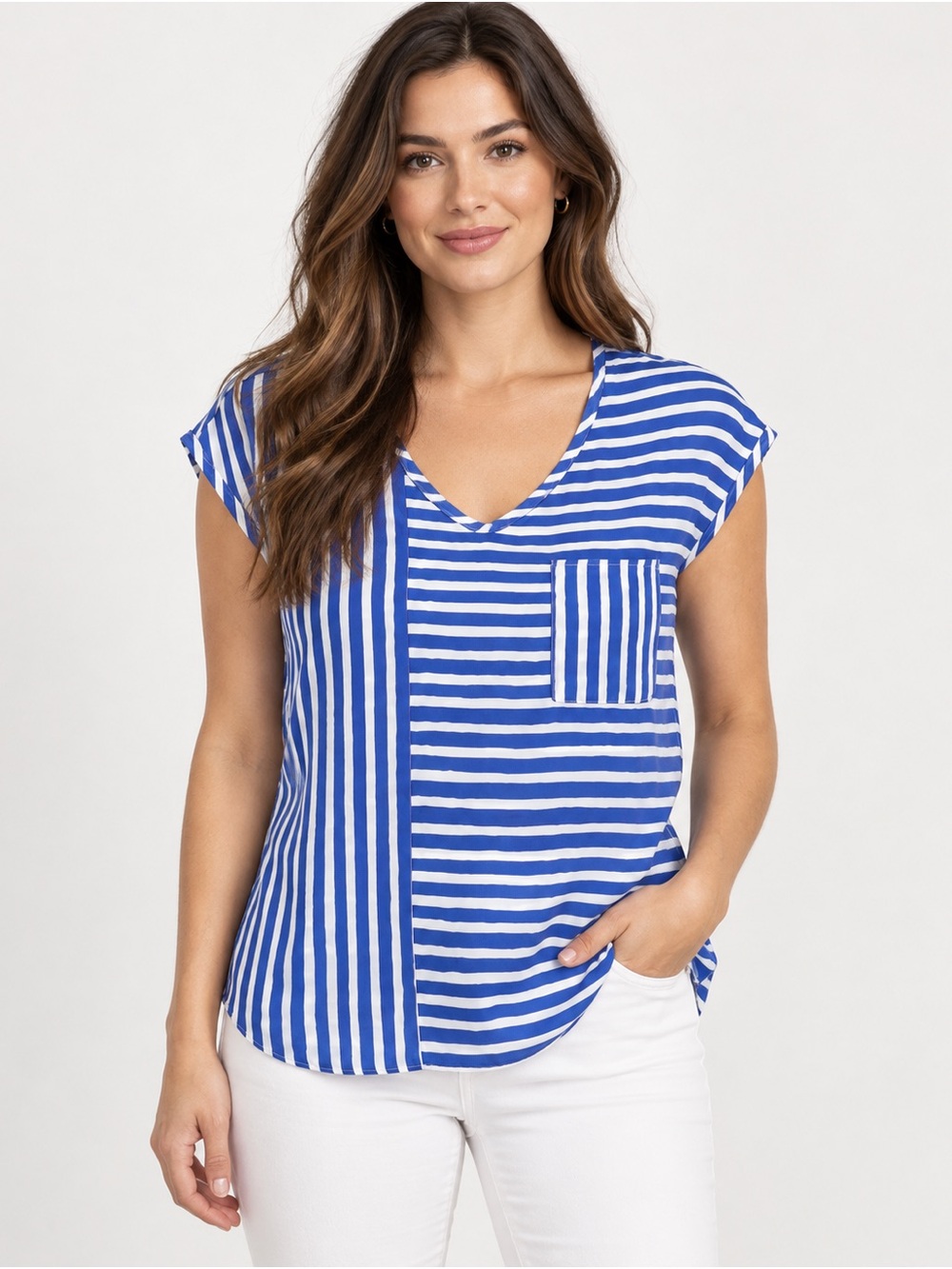 Anne Klein Blue and White Striped V-Neck Cap Sleeve Tee